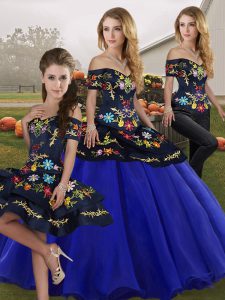 Exceptional Royal Blue Lace Up Off The Shoulder Embroidery Quinceanera Dresses Tulle Sleeveless
