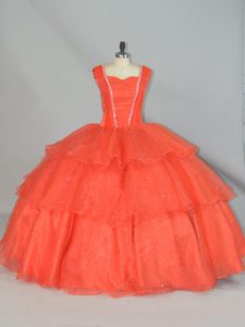 Captivating Orange Red Organza Lace Up Quinceanera Gowns Sleeveless Floor Length Beading and Ruffled Layers