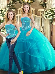 Free and Easy Floor Length Lace Up Ball Gown Prom Dress Aqua Blue for Sweet 16 and Quinceanera with Beading and Ruffles