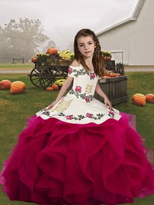 Cute Fuchsia Lace Up Little Girl Pageant Gowns Embroidery and Ruffles Sleeveless Floor Length