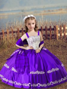 Purple Ball Gowns Beading and Embroidery Little Girls Pageant Dress Lace Up Satin Sleeveless Floor Length