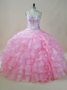 Popular Baby Pink Ball Gowns Organza Halter Top Sleeveless Embroidery and Ruffled Layers Floor Length Lace Up Quinceanera Dresses