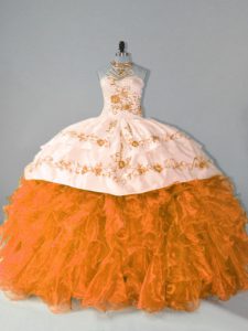 Fancy Floor Length Ball Gowns Sleeveless Orange Quince Ball Gowns Court Train Lace Up