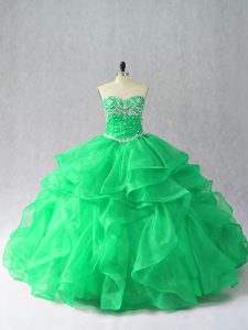 Sweetheart Sleeveless Sweet 16 Dress Floor Length Beading and Ruffles Green Organza