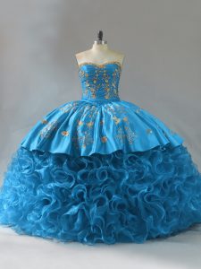 Romantic Blue Lace Up Quince Ball Gowns Embroidery and Ruffles Sleeveless Brush Train