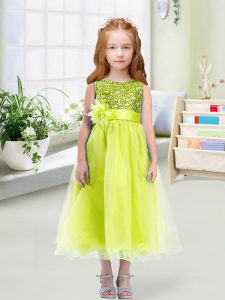 New Style Organza Scoop Sleeveless Zipper Sequins and Hand Made Flower Flower Girl Dresses in Yellow Green