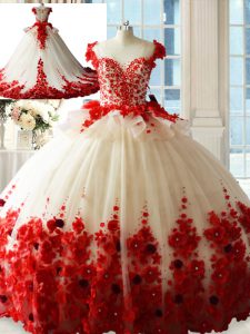 Scoop Sleeveless 15 Quinceanera Dress Brush Train Hand Made Flower White And Red Tulle