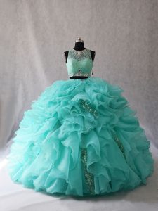 Excellent Sleeveless Brush Train Beading and Ruffles Zipper Quinceanera Gown