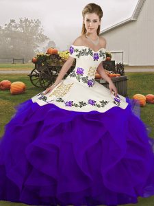 Simple White And Purple Sleeveless Embroidery and Ruffles Floor Length Quinceanera Dress