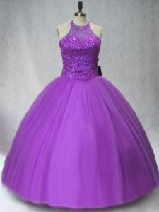 Wonderful Purple Ball Gowns Beading Sweet 16 Quinceanera Dress Lace Up Tulle Sleeveless Floor Length
