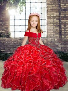 Superior Red Ball Gowns Organza Straps Sleeveless Beading and Ruffles Floor Length Lace Up Girls Pageant Dresses