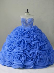 Blue Organza Lace Up Ball Gown Prom Dress Sleeveless Brush Train Beading