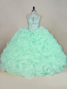 Apple Green Lace Up Halter Top Beading and Ruffles Sweet 16 Quinceanera Dress Fabric With Rolling Flowers Sleeveless Brush Train