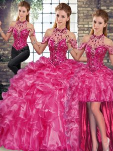 Modest Organza Halter Top Sleeveless Lace Up Beading and Ruffles Quinceanera Gowns in Fuchsia