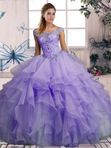 Dramatic Lavender Organza Lace Up Off The Shoulder Sleeveless Floor Length Quinceanera Dresses Beading and Ruffles