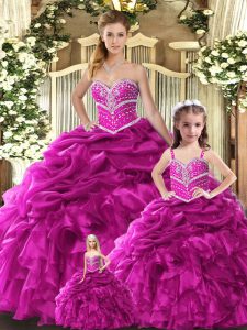 Fuchsia Organza Lace Up Sweetheart Sleeveless Floor Length 15th Birthday Dress Beading and Ruffles