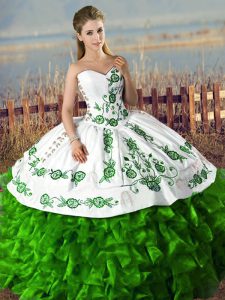 Green Organza Lace Up Sweetheart Sleeveless Floor Length Sweet 16 Dress Embroidery and Ruffles