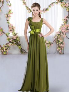 Delicate Olive Green Zipper Dama Dress Belt and Hand Made Flower Sleeveless Floor Length