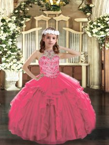 Halter Top Sleeveless Lace Up Pageant Gowns For Girls Hot Pink Tulle