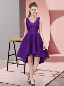Enchanting Sleeveless Lace High Low Zipper Quinceanera Court of Honor Dress in Purple with Lace