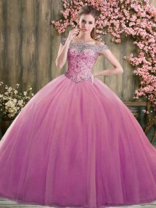 Suitable Lilac Lace Up Ball Gown Prom Dress Beading Sleeveless Floor Length