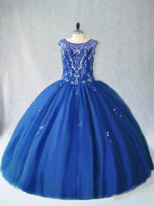 Exquisite Blue Scoop Neckline Beading 15 Quinceanera Dress Sleeveless Lace Up