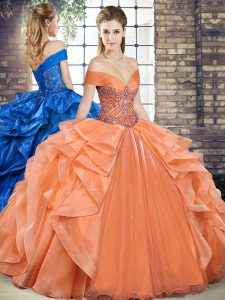 Orange Lace Up 15th Birthday Dress Beading and Ruffles Sleeveless Floor Length