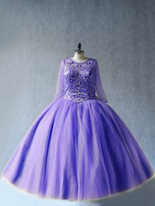 Edgy Lavender Long Sleeves Tulle Lace Up Quinceanera Gown for Sweet 16 and Quinceanera