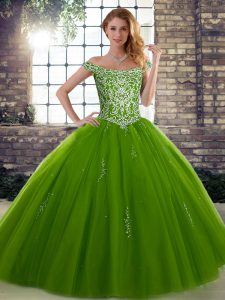 Sleeveless Floor Length Beading Lace Up Quinceanera Dresses with Olive Green