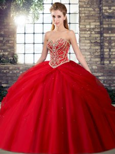 Beauteous Red Sleeveless Tulle Brush Train Lace Up 15 Quinceanera Dress for Military Ball and Sweet 16 and Quinceanera