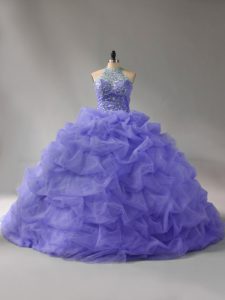 Halter Top Sleeveless Court Train Lace Up Sweet 16 Quinceanera Dress Lavender Organza