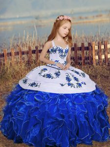 Graceful Sleeveless Floor Length Embroidery and Ruffles Lace Up Little Girl Pageant Gowns with Royal Blue