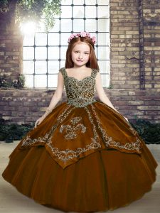 Most Popular Brown Sleeveless Beading and Embroidery Floor Length High School Pageant Dress