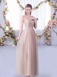 Glorious Floor Length Pink Dama Dress Tulle Sleeveless Lace and Belt