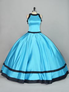 Trendy Baby Blue Satin Zipper Scoop Sleeveless Floor Length Sweet 16 Dress Ruching