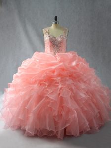 Spectacular Peach Ball Gowns Straps Sleeveless Organza Floor Length Zipper Beading and Ruffles and Pick Ups Quinceanera Gowns