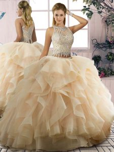 Exquisite Champagne Lace Up Quinceanera Gown Ruffles Sleeveless Floor Length