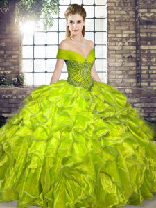 Low Price Floor Length Olive Green Quince Ball Gowns Organza Sleeveless Beading and Ruffles