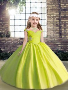 Yellow Green Tulle Lace Up Little Girl Pageant Gowns Sleeveless Floor Length Beading