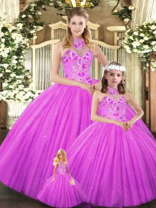 Lilac Tulle Lace Up Halter Top Sleeveless Floor Length Sweet 16 Quinceanera Dress Embroidery