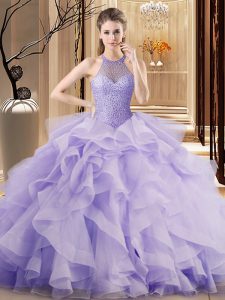 Graceful Lavender Halter Top Lace Up Beading and Ruffles Quinceanera Dresses Sweep Train Sleeveless