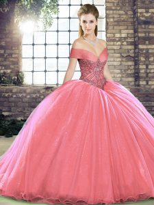 Hot Selling Watermelon Red Off The Shoulder Lace Up Beading 15th Birthday Dress Brush Train Sleeveless