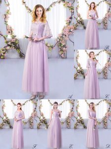 Lavender Side Zipper Quinceanera Court Dresses Lace and Belt Half Sleeves Floor Length
