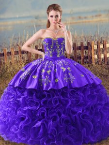 Flirting Sleeveless Embroidery and Ruffles Lace Up Quinceanera Gown with Purple Brush Train