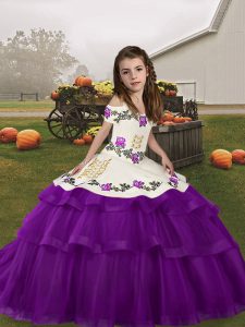Custom Designed Sleeveless Floor Length Embroidery and Ruffled Layers Lace Up Little Girl Pageant Dress with Eggplant Purple