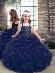 Cheap Navy Blue Lace Up Straps Beading and Ruffles Little Girl Pageant Dress Tulle Sleeveless