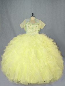 Affordable Yellow Sleeveless Organza Lace Up Quinceanera Dress for Sweet 16 and Quinceanera
