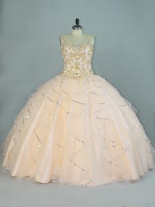Superior Straps Sleeveless Lace Up Quinceanera Dress Champagne Tulle