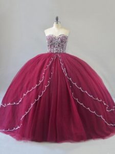 Stunning Burgundy Sleeveless Brush Train Beading Ball Gown Prom Dress