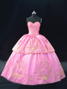 Artistic Rose Pink Ball Gowns Embroidery Sweet 16 Quinceanera Dress Lace Up Satin Sleeveless Floor Length